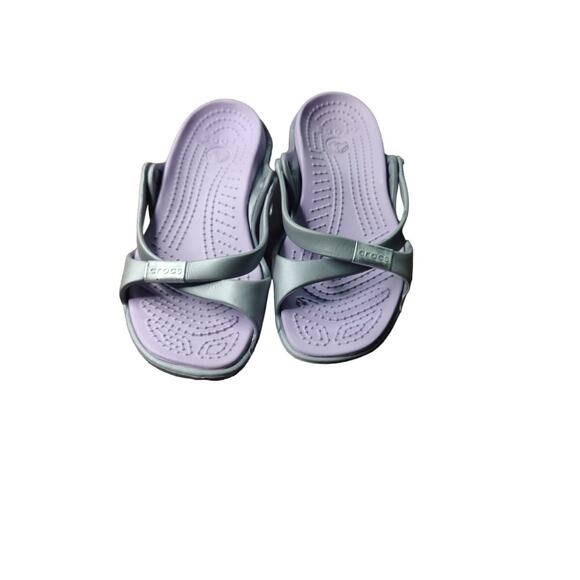 Purple with gray criss cross straps slip on Crocs size 6 - Picture 1 of 3